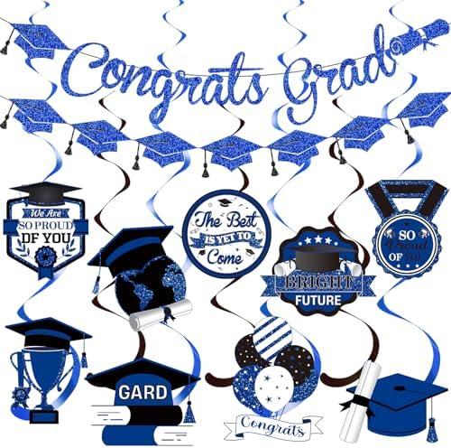 Pack of 2, Congrats Grad Banner Graduation Party Decorations Graduation Banner Grade Decorations Class of 2025 with Congrats Decorations for 2025 Grade Decor (Blue Glitter)