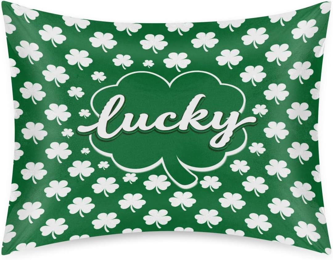 2 x St. Patrick's Day Satin Pillowcase for Hair and Skin, Green Clover Silk Pillow Case Standard Size Silky Pillowcases with Zipper Cooling Pillow Cover (20x26 Inches)