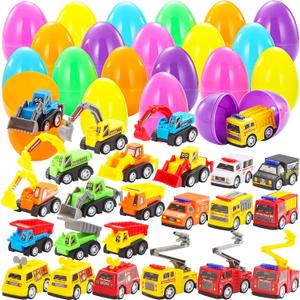 JOYIN 24 Pcs Filled Easter Eggs with Pull Back Construction Cars, Prefilled Easter Egg with Vehicle for Kid Boys, Basket Stuffers/Fillers, Party Favor, Classroom Prize Supplies