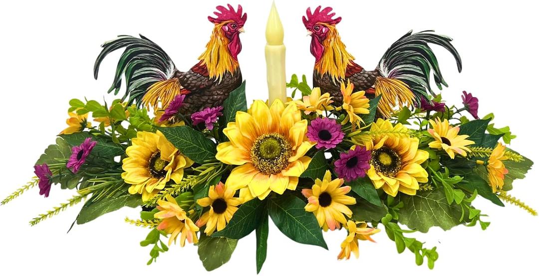 Svndlyn Rooster Kitchen Decor Centerpiece with Flameless Candle Rustic Farmhouse Artificial Sunflower Floral Arrangement for Dining Table, French Country Home Decoration