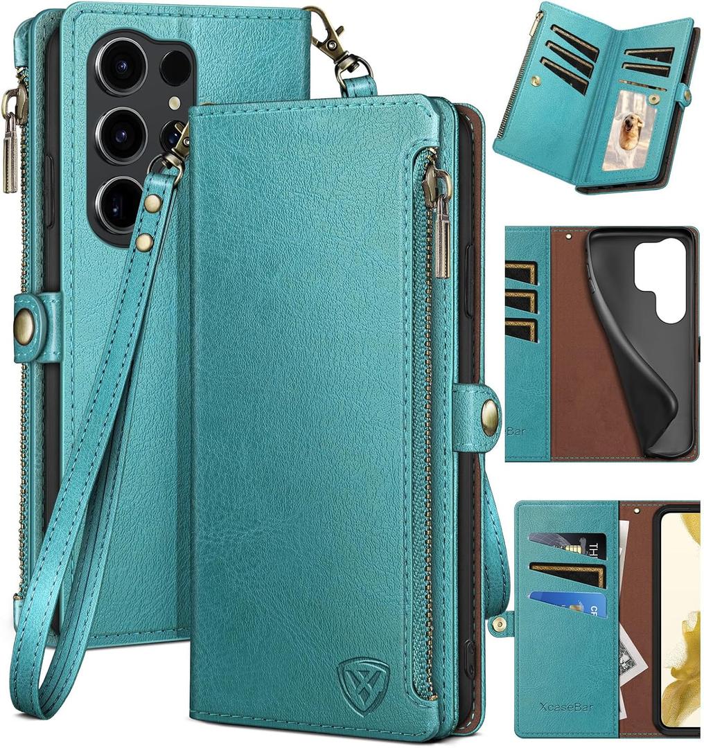 XcaseBar compatible with Samsung Galaxy S25 Ultra Wallet case with Zipper Credit Card HolderRFID BlockingFlip Folio Book PU Leather Phone case Shockproof Cover Women Men for S25Ultra case Blue Green