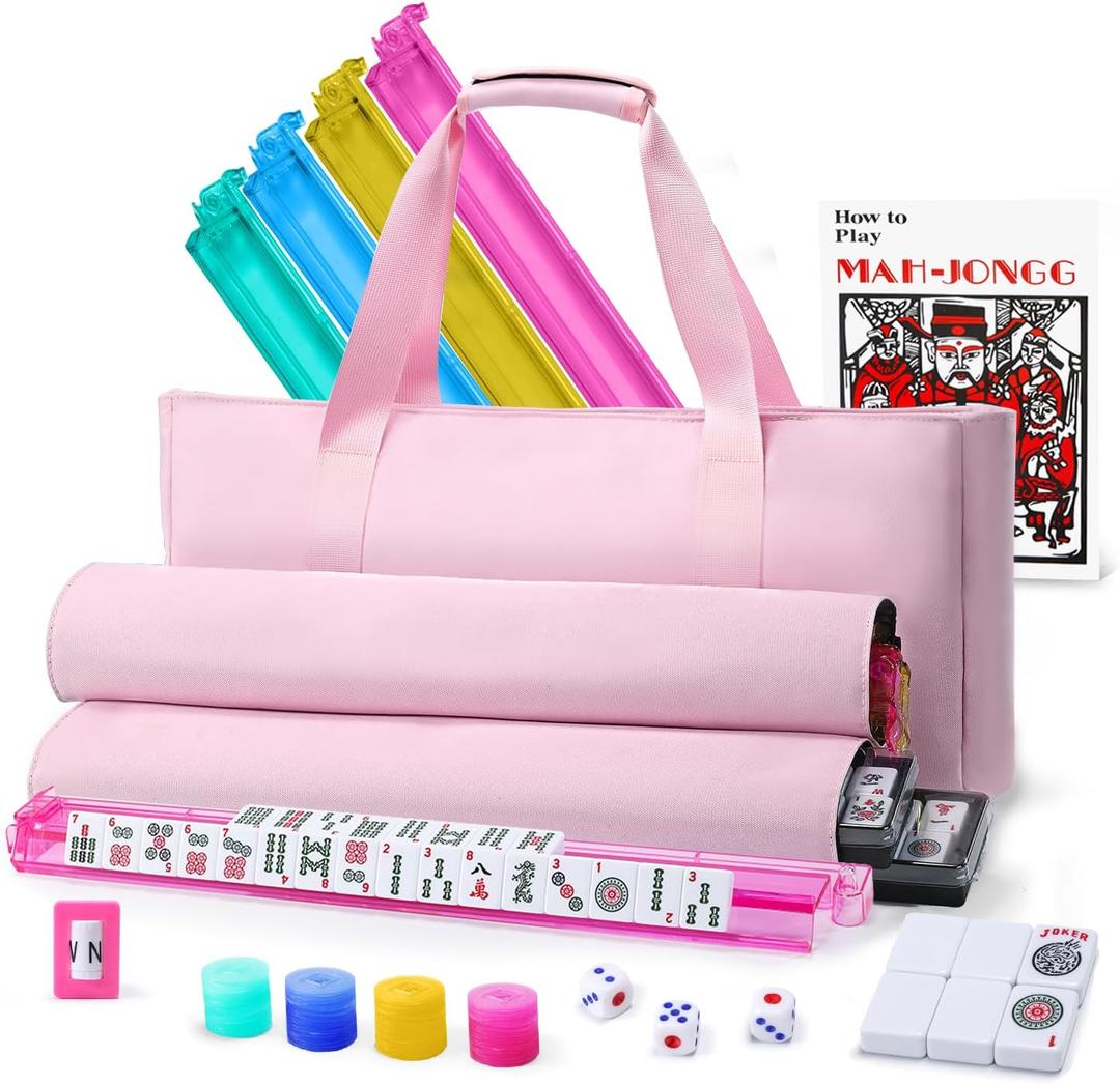 American Mahjong Tiles Set Complete166 White Tiles 4 Color Racks & Pusher Western Mahjong Set with Pink Carrying Bag for Beginners & Experts (Pink)