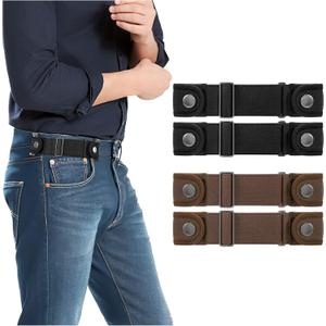 2 Pack No Buckle Belts for Men Women - Elastic Stretch Adjustable Invisible Side Belt Fits 1.5 Inch Loops (Black+Black+Coffee+Coffee)
