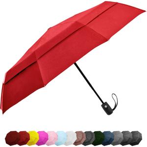 Windproof Compact Umbrella for Rain - 42 Travel Umbrella, Portable, Strong, Collapsible to 11, Automatic Open Close Button, Vented Double Canopy with Fiberglass/Steel Frame, Wind Resistance to 55MPH