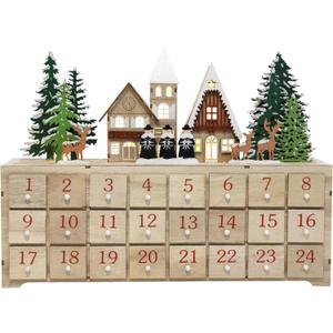 Wooden Advent Calendar with LED Lights, 24 Drawers Countdown to Christmas, Barn House Design, Holiday Decoration with Reindeer, Perfect for Kids and Adults, 14.8 x 10.63 x 3.15"