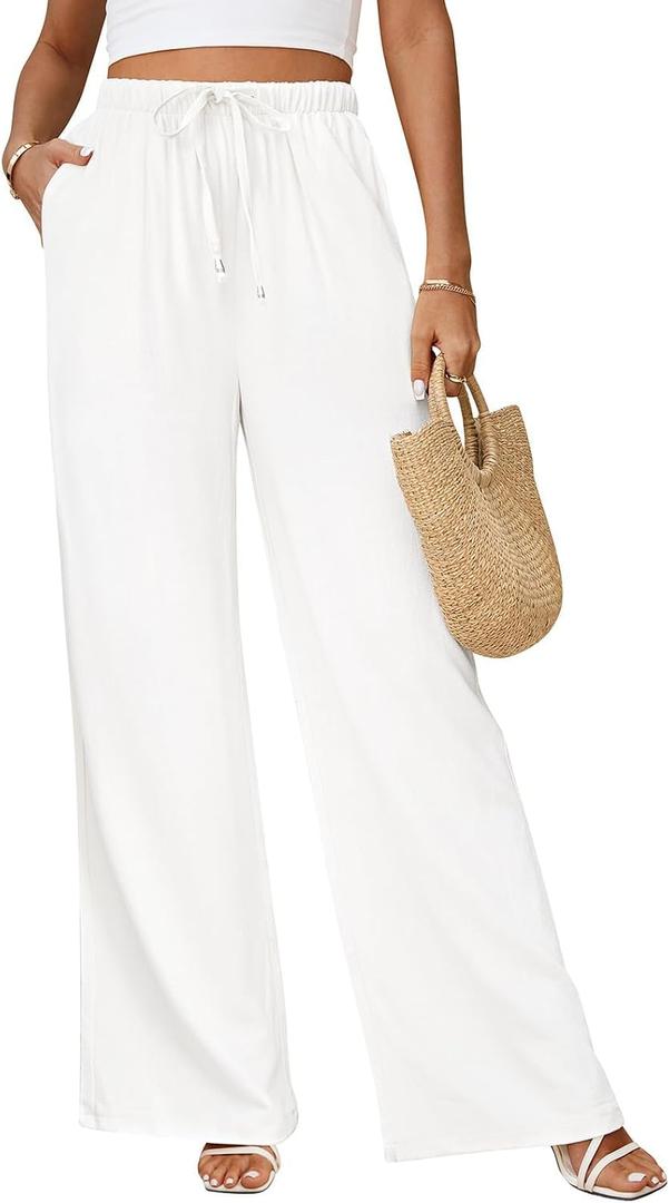 Linen Pants for Women Flowy Palazzo Pants Boho High Waist Wide Leg Trousers Summer Beach Vacation Outfits 2026 (White, M)