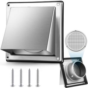 Gisafai 6 Inch Dryer Vent Cover Outdoor with Stainless Steel Screen Silver Wall Dryer Exhaust Vent Cover External Cap Cushioned Non Return Flap with Sealing Gasket Grille, Bird/Insect Proof (Sliver)