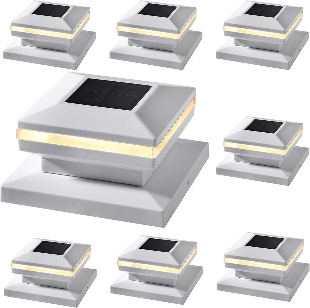 Dynaming 8 Pack Solar Post Lights, Outdoor Decorative Posts Cap Light, Solar Powered White Shell Caps, High Brightness Warm White SMD LED Lighting for Fence Deck Patio, Fit 4x4, 5x5 or 6x6 Wooden Post