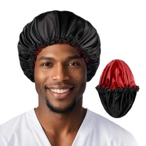 Fittia Men's Satin Bonnet for Short Hair with Adjustable Strap - Sleeping Cap for Fade, Afro & Natural Hair Care, Wave Cap (Medium, Claret-black)