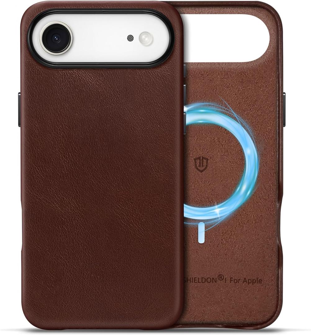 SHIELDON Leather Case for iPhone Air 6.5 Inch 2025 | Compatible with Magsafe | Magnetic Wireless Charging | Slim Fit | Shockproof | Comfort Grip | Metal Button | Camera Bump Frame - Retro Coffee