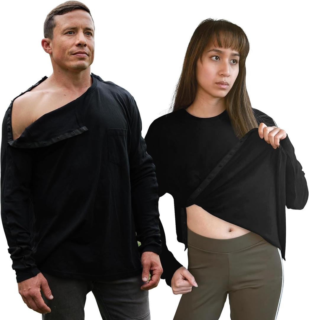 Post Shoulder Surgery Shirts for Women/Men Full Open Snap Design Recovery Clothing for Broken Arm Rotator Cuff | Unisex Fit (3X-Large, Black) 1 Pack