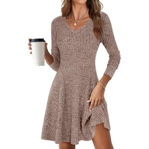 ANRABESS Women Long Sleeve Ribbed Knit Short Dresses 2025 Fall Winter V Neck Casual Swing A Line Sweater Dress Small