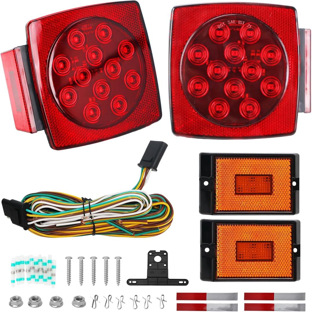 LED Trailer Light Kit, IP67 Submersible Stop Turn Tail Brake Lights with License Plate & Side Marker Lights, 25FT Wiring Harness for Boat Trailer Under 80 Inch, Truck RV Camper Snowmobile
