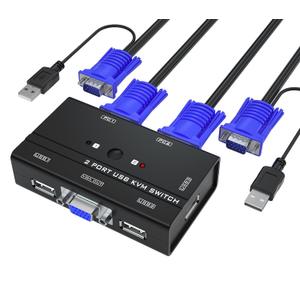 VGA KVM Switch, 2 Port USB VGA KVM Switch w/2 KVM Cables & 3 USB Hubs for 2 Computers Share One Monitor Keyboard Mouse with Physical Push Button Switching