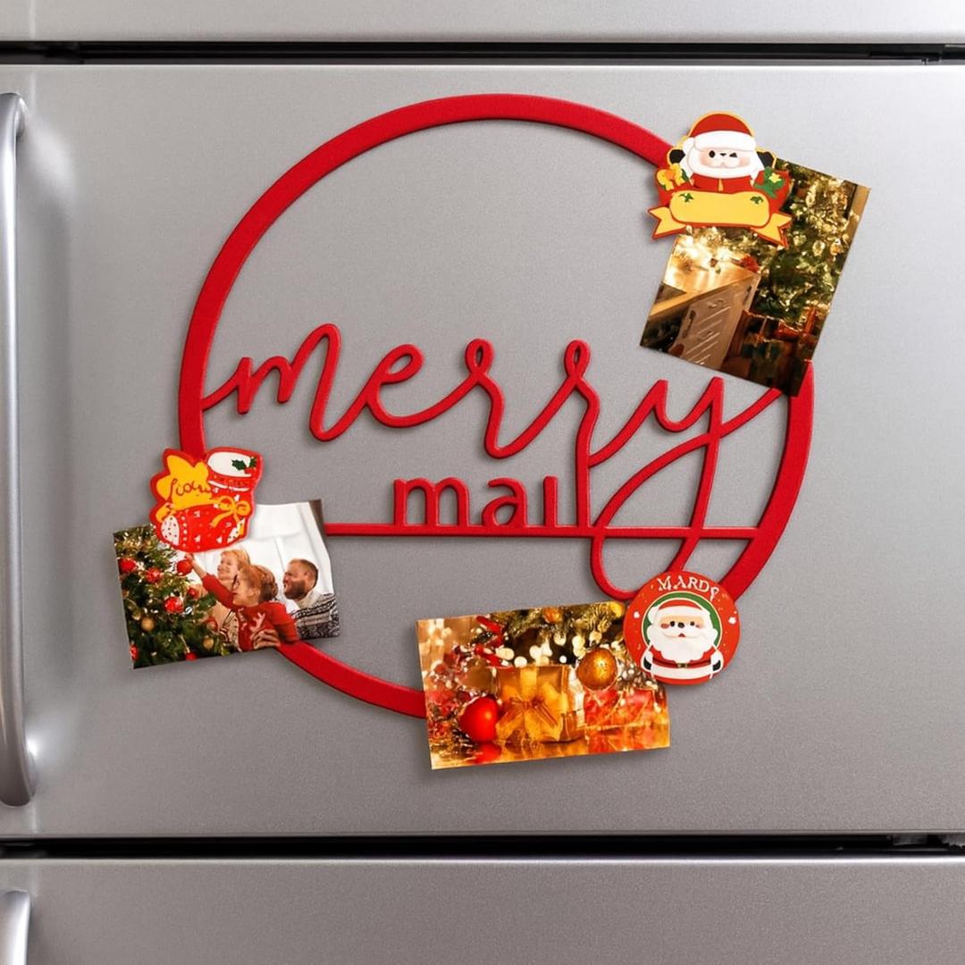 Magnet Metal Christmas Card Holder with Santa Claus Magnet Merry Mail Metal Wreath Xmas Card Display Photo Holder Wall Hanging for Christmas Holiday Party Picture Gift