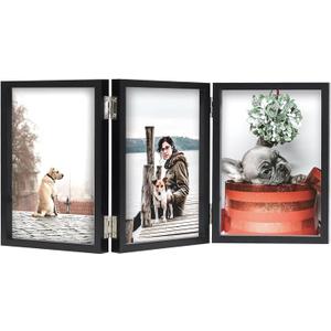 TOFOREVO 4x6 3 Picture Frame Triple Wooden Hinged Photo Frame Definition Glass Stand Vertically on Desktop or Tabletop Black