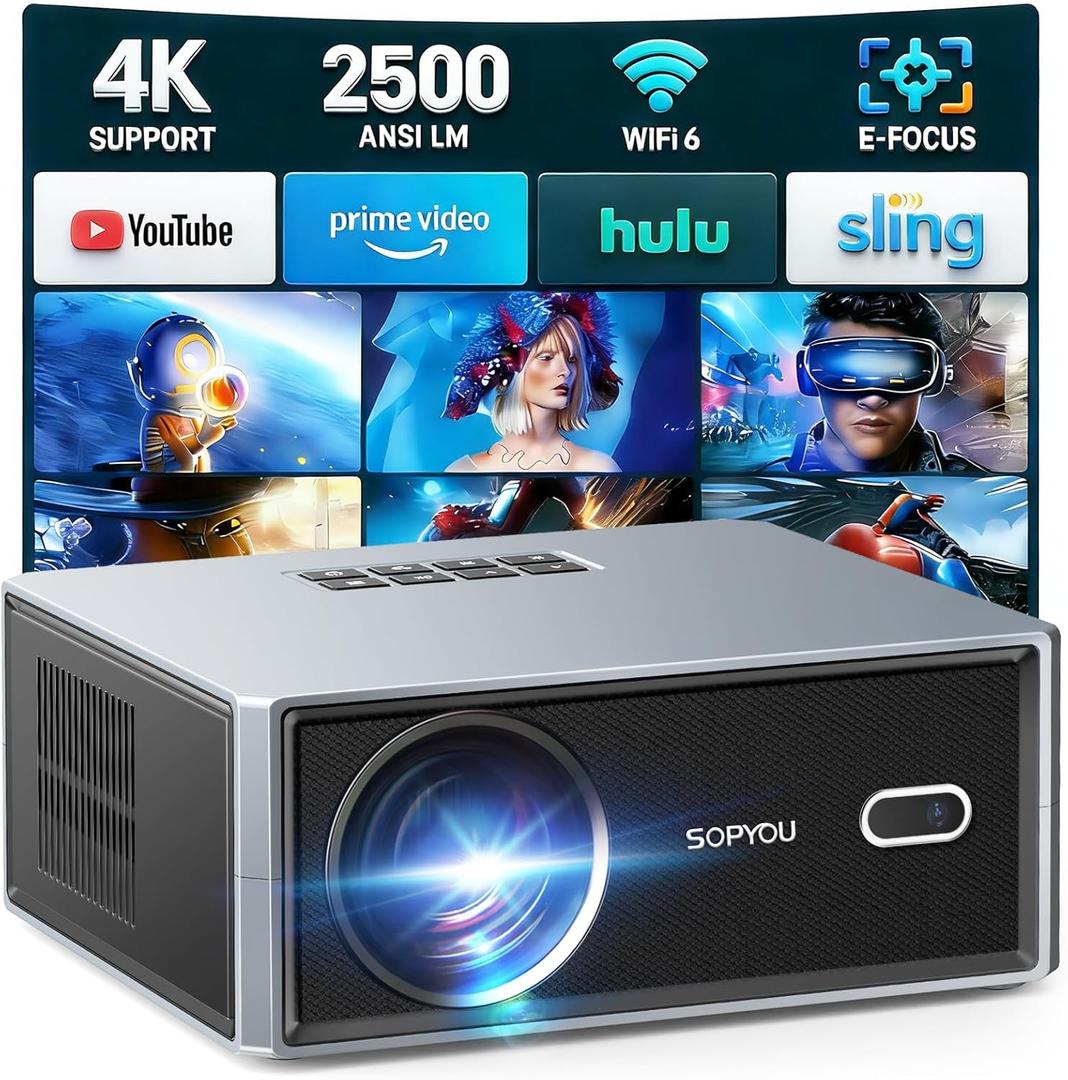 [2500 ANSI LM/E-Focus/Auto Keystone] SOPYOU Projector with WiFi and Bluetooth, Native 1080P 4K Support Outdoor Movie Projectors Max 450" Display, Home Theater Projector for iOS/Android/TV Stick