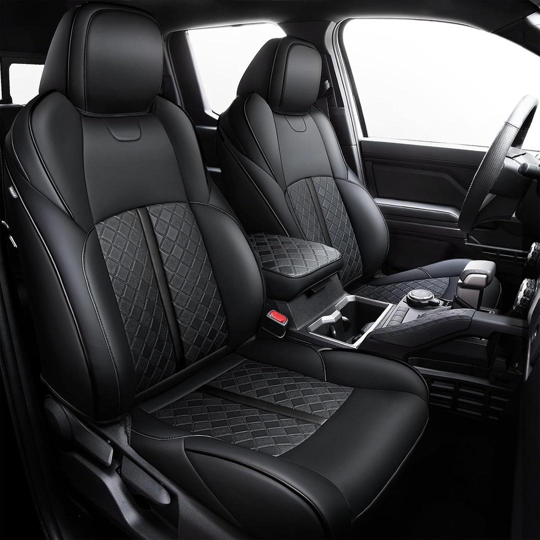 Carlimeki Leather Seat Covers Custom Fit for Tacoma Gen 4th (2024-2026) Double Cab, for SR, SR5, TRD PreRunner, TRD Sport, TRD Off-Road, Limited, Trailhunter - Armrest Covers Included - Fully Covered