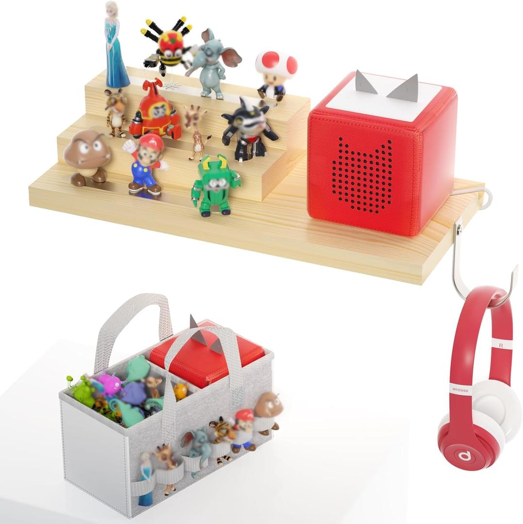 for Tonie Shelf Magnetic - Wooden Tonies Organizer with Carrying Bag, 3 Tiered Magnetic Display Shelf for Toniebox Holder, Wall Mount/Countertop Use Tonies Toy Storage for Kids Room/Playroom (Wood)