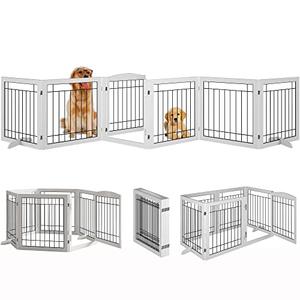 Vantas Folding Pet Gate 144" Wide, 30" Tall No-Assembly Wooden Dog Gate with Door Walk Through, Freestanding Wire Pet Puppy Safety Fence, with 2PCS Support - White