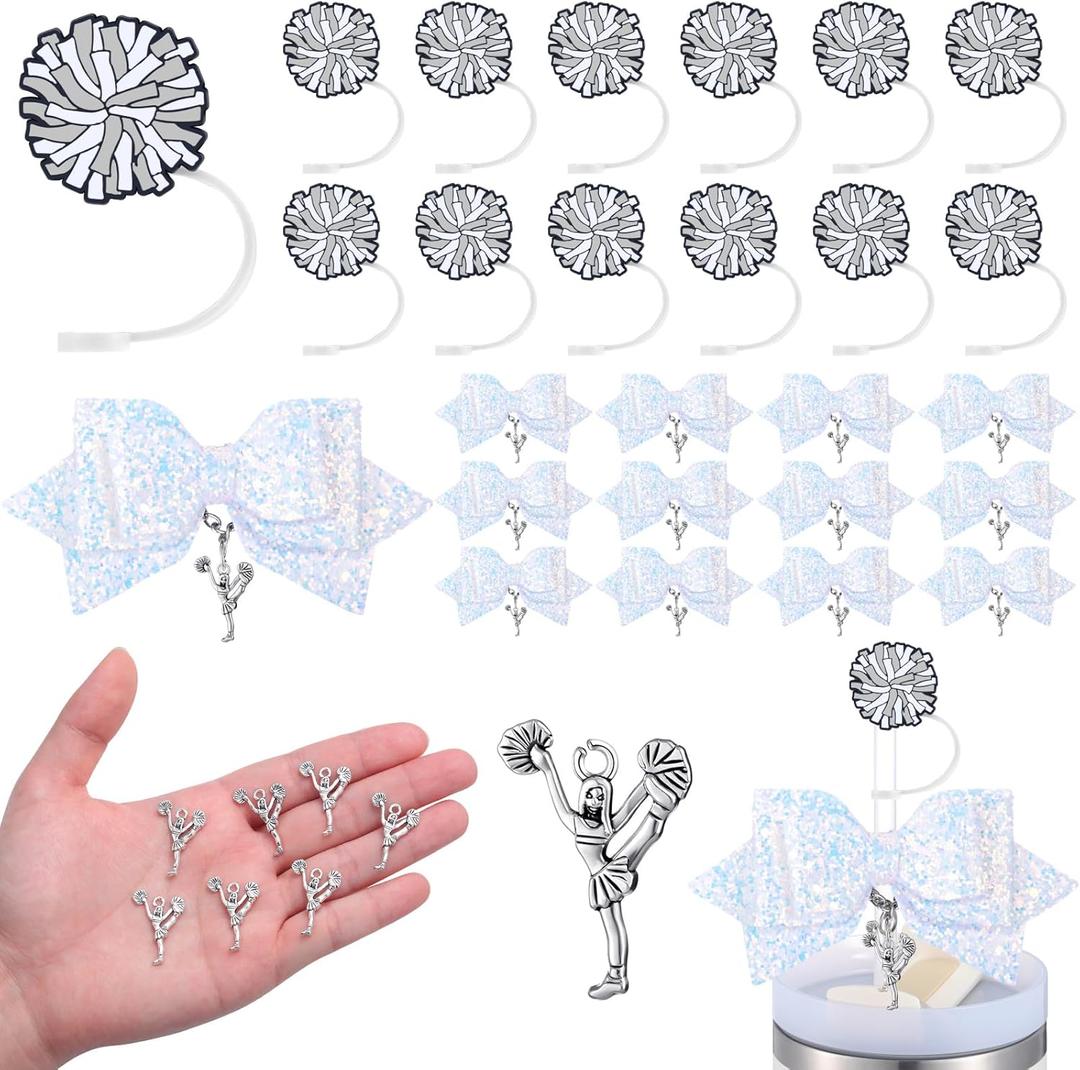 12 Set Cheer Team Gifts Bulk, White Cheerleading Tumbler Accessories, 10 mm Cheer Straw Toppers and Blue Glitter Bows with Cheerleaders Charms Cheerleader Tumblers Decor Party Favors (Silver)