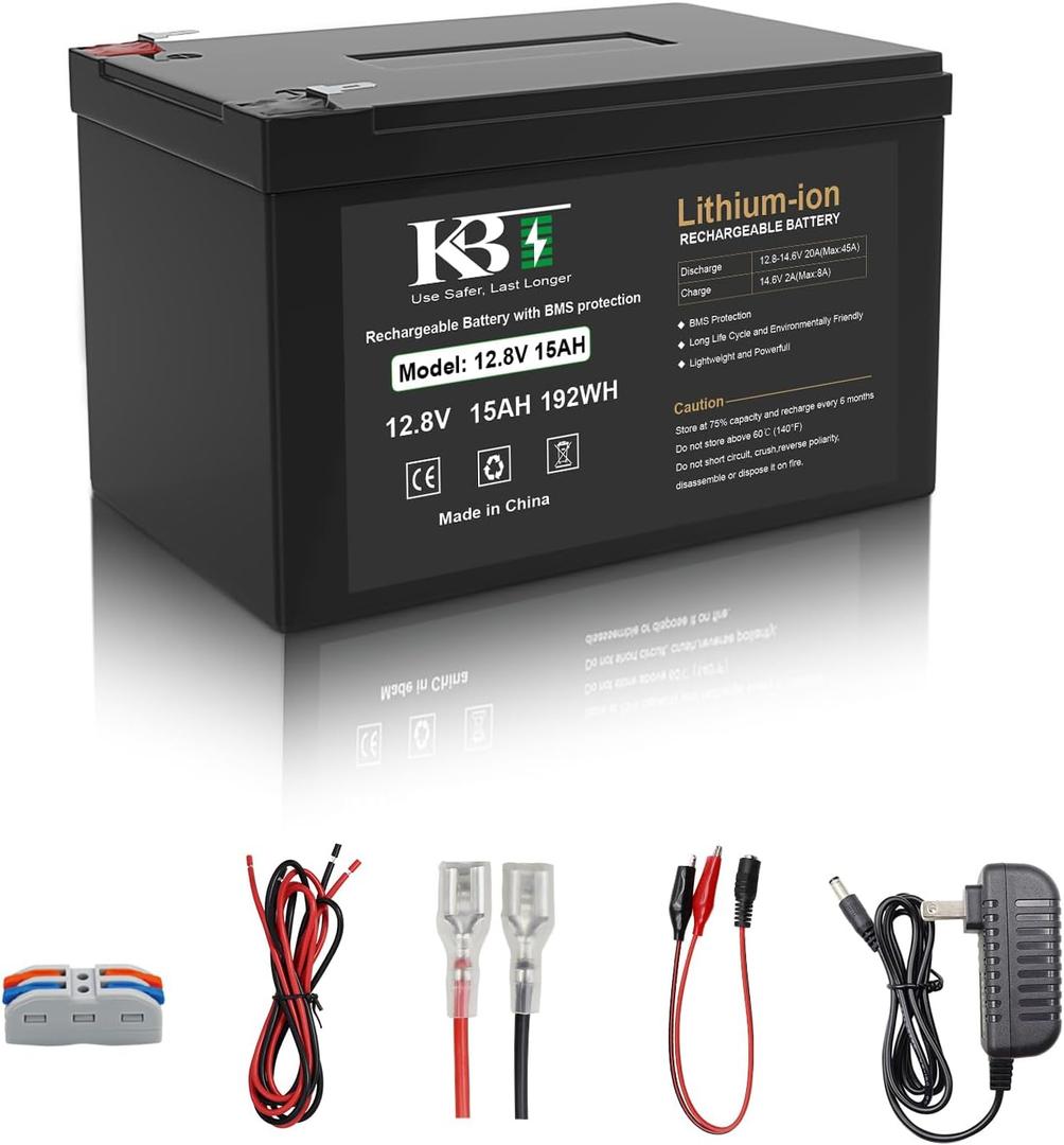 KBT 12V 15Ah Lithium LiFePO4 Battery, with 12V Charger, Charging Cable Built-in 20A BMS