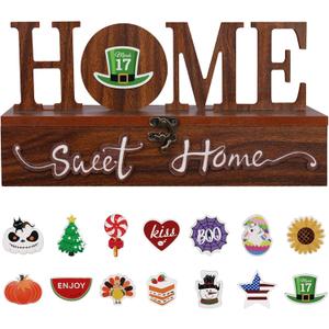 JIALEIXI Interchangeable Home Sweet Home Sign, Wooden Seasonal Tabletop Plaque Decorations, for All Seasonal Desktop House Living Room Indoor Decor. (Brown)