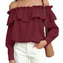 Prettywear Women's Sexy Off Shoulder Tops Long Sleeve Ruffle Blouse Flowy Going Out Shirt Oversized (Burgundy,L)