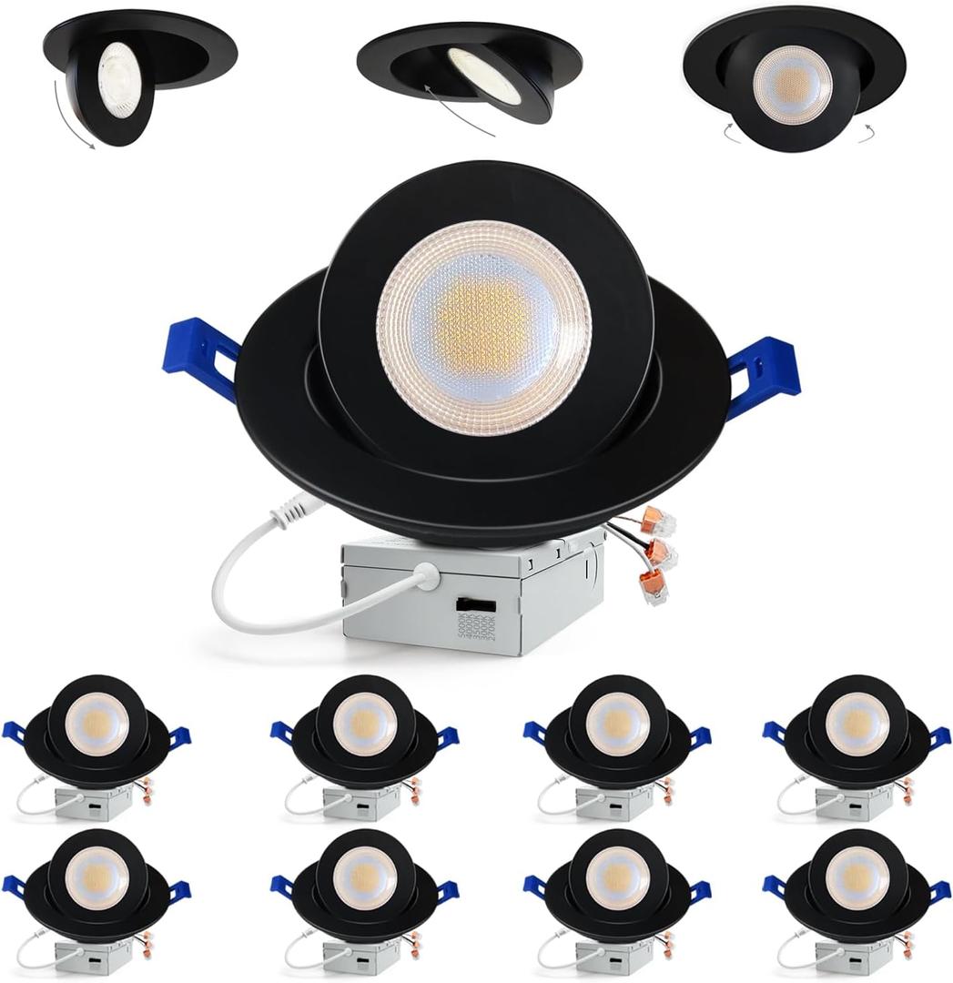 Adetu 6 inch 5CCT Gimbal Black Led Recessed Lights, 360+90 Adjustable Directional Recessed Lighting, 2700K/3000K/3500K/4000K/5000K Dimmable Eyeball Canless Downlight with Jbox, ETL(Black,8 Pack)