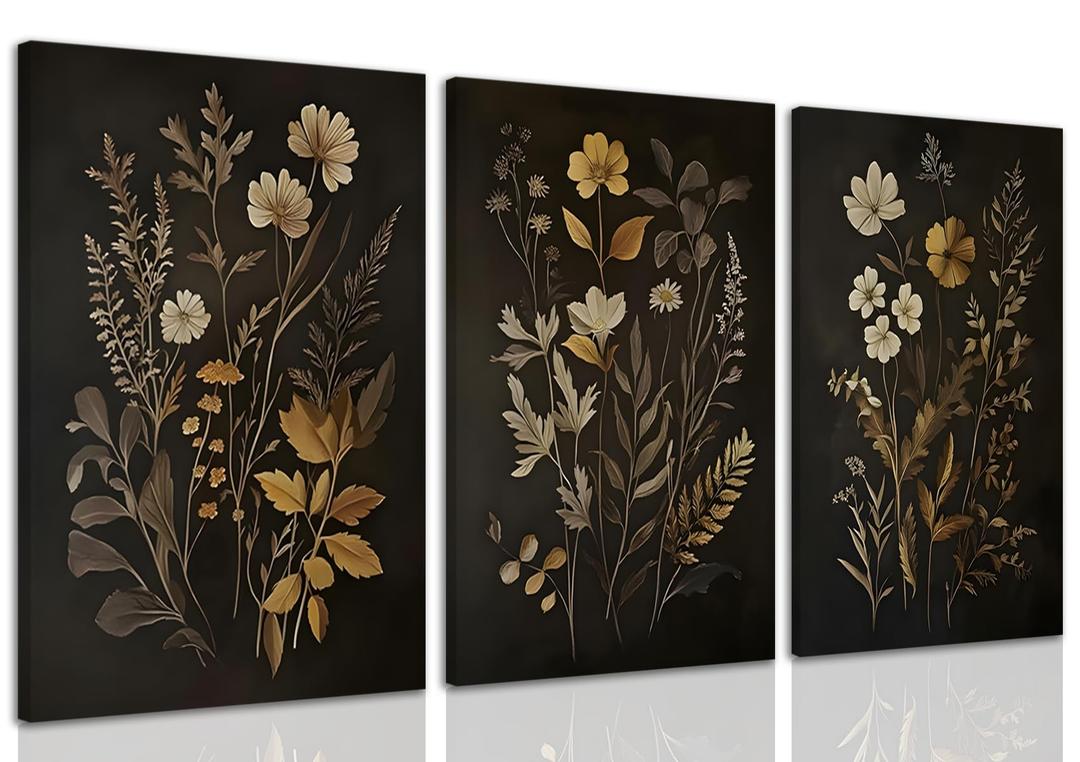 Yudinbin Vintage Dark Botanical Canvas Wall Art Set of 3 Cottagecore Academia Wildflower Wall Decor Rustic Fall Floral Flower Poster Prints for Bedroom Living Room 24x16 Inch Framed