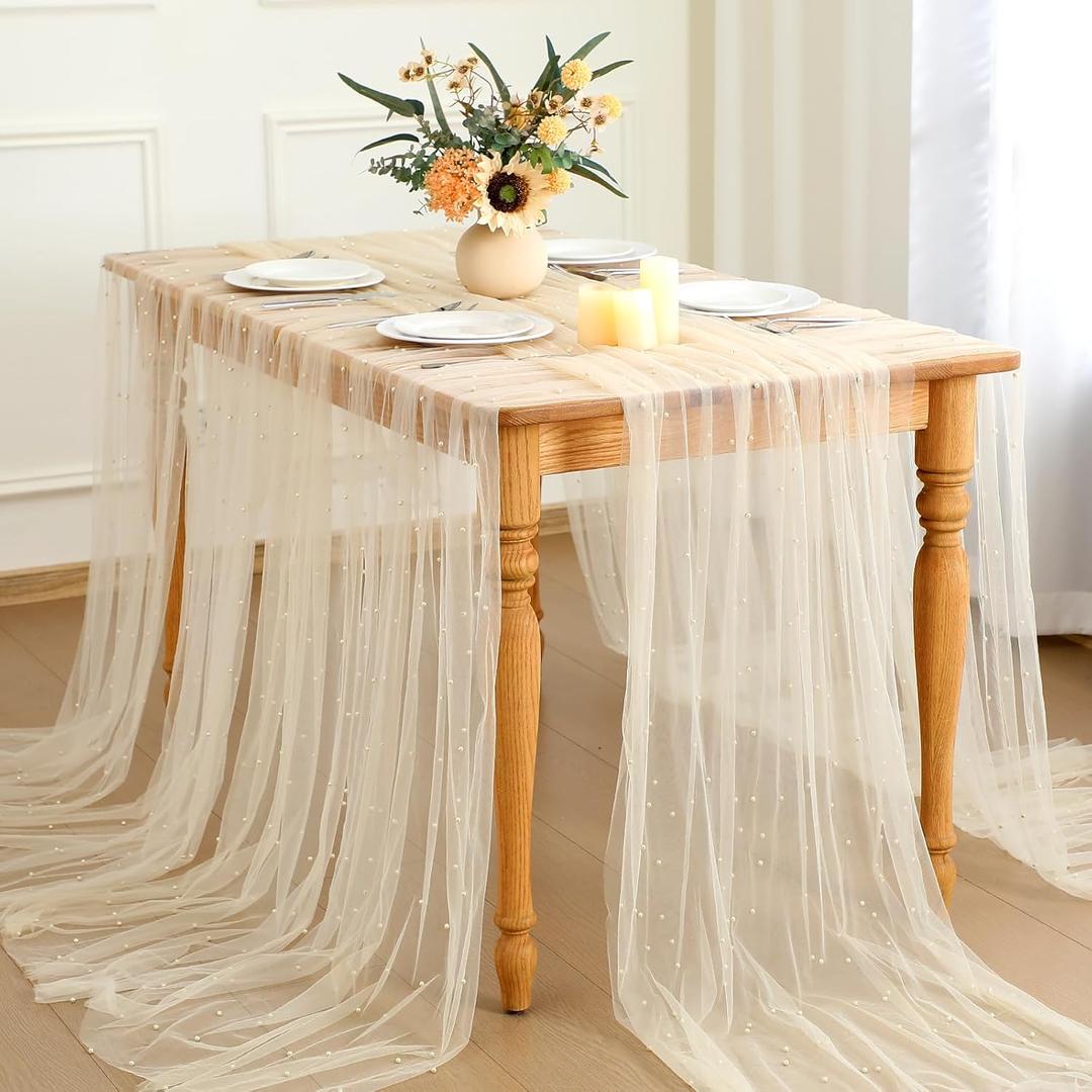 Hahafelt Set of 6 Pearl Table Runner 10 ft Boho Tulle Table Runner with Pearls Tulle Fabric Lace Tablecloth for Baby Shower Wedding Arch Decor Veil Dessert Decor(Champagne Gold)