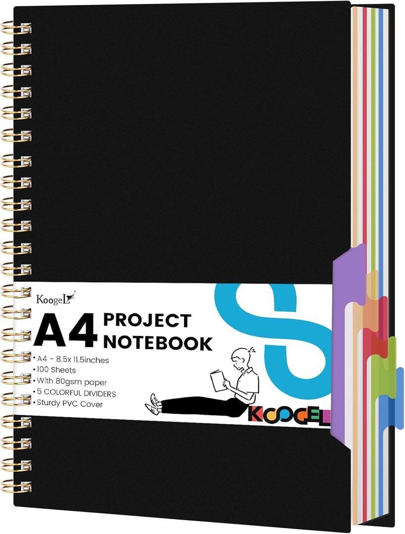 Koogel 5 Subject Notebook College Ruled, Spiral Notebook Journal with Removable Dividers Tabs, 200Pages Lined Journals for Women Journals Note Taking Office Work School Gifts, 8.5x11.5 Inch, Black (A4)