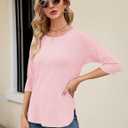 Kancystore Womens 3/4 Length Sleeve Tops Casual Loose Fit Tunic Shirts Crewneck Basic Tees (Pink, S)