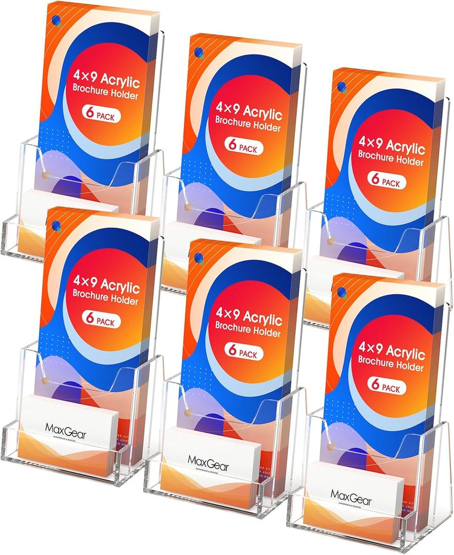 MaxGear 4x9 inch Brochure Holder, 6 Pack Acrylic Display Stand with Business Card Slot, Countertop Literature, Flyer, Trifold, Pamphlet, Booklet Menu Organizer