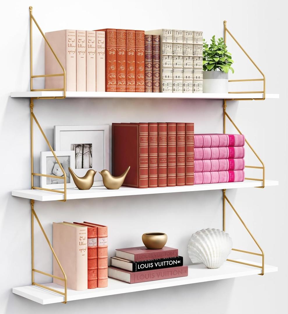 Harwaya White and Gold Floating Shelves 36 Inch Long, Wall Shelves for Bedroom Books, Modern Wall Hanging Bookshelf Unit for Living Room Office Kitchen Bathroom Decor - Set of 3