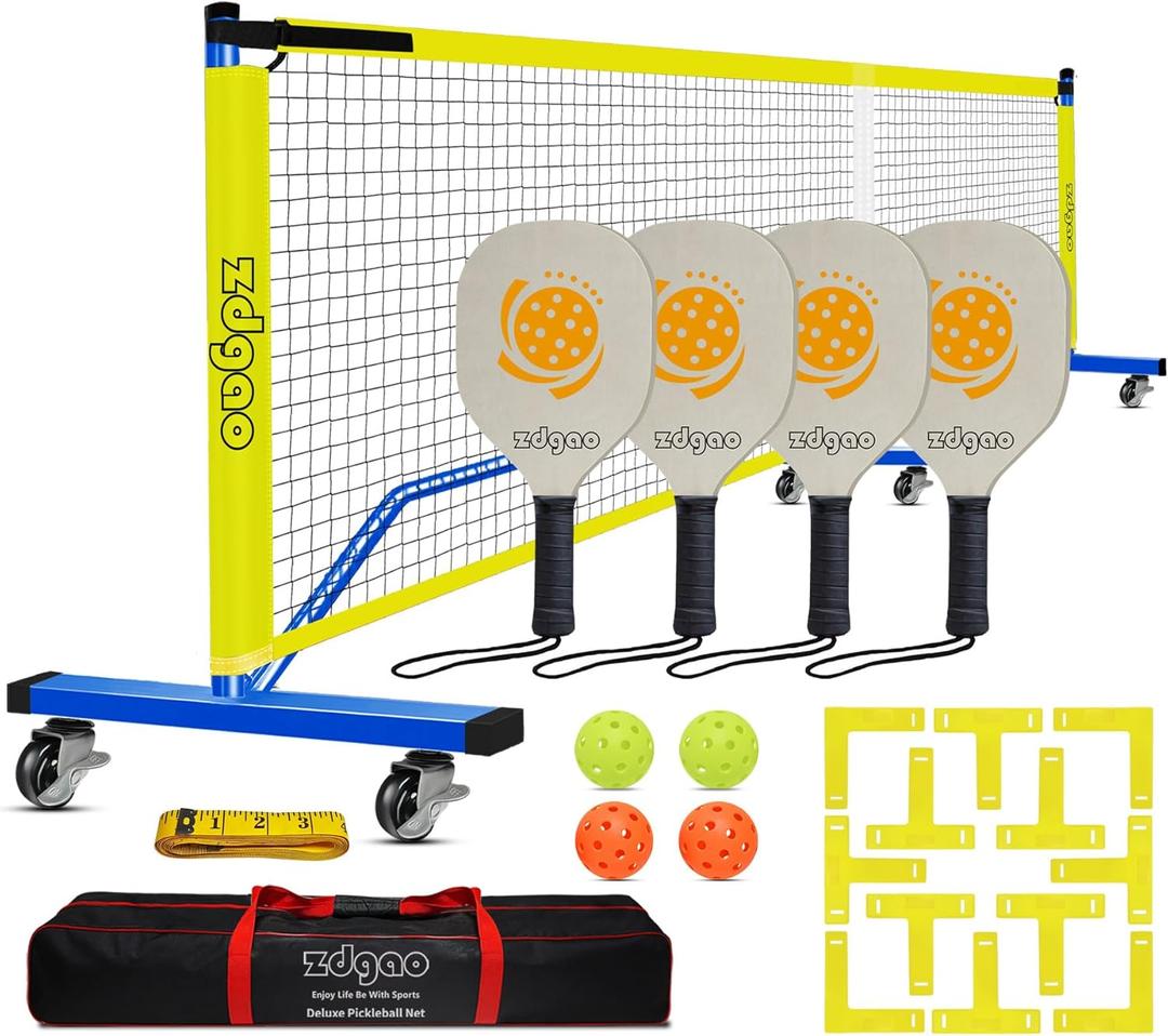 Pickleball Net for Driveway - Portable Pickleball Set with Net and Paddles Set of 4, Court Marking Kit, Outdoor Pickleballs, Carry Bag, Steady Metal Frame Easy Setup