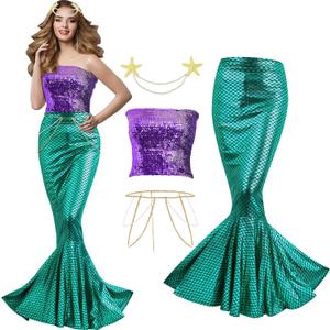 Newcotte 4 Pcs Mermaid Costume for Women Sequin Tube Top Skirt Pearl Waist and Head Chain for Halloween Cosplay (Small, Green, Purple)