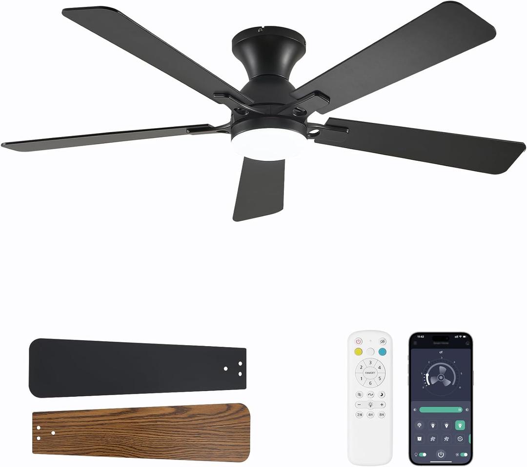 Ceiling Fans with Lights, 52 Inch Low Profile Ceiling Fan with Light and Remote Control, Flush Mount, Reversible, 3CCT, Dimmable LED, Quiet, Black Ceiling Fan for Bedroom, Living Room