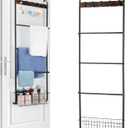 Over The Door Towel Racks for Bathroom,5-Tier Door Towel Holder with Hooks and Basket,Over The Door Towel Bar Hanger Organizer for Bathroom Bedroom Accessories, Blanket Ladder for Living Room Black