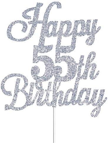 Happy 55th Birthday Cake Toppers Silver Glitter, Cheers to 55 Years Old Bday Decoration 55th Anniversary Cake Topper, Fifty-five Theme Cake Decorations for Birthday Anniversary Party