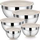 P&P CHEF Mixing Bowls with Lids Set of 5, Stainless Steel Nesting Salad Bowl with Lid & Base for Non-slip Mixing Prepping Storing Serving, 5 Sizes-7/3.5/2.5/1.5/1 QT, Khaki