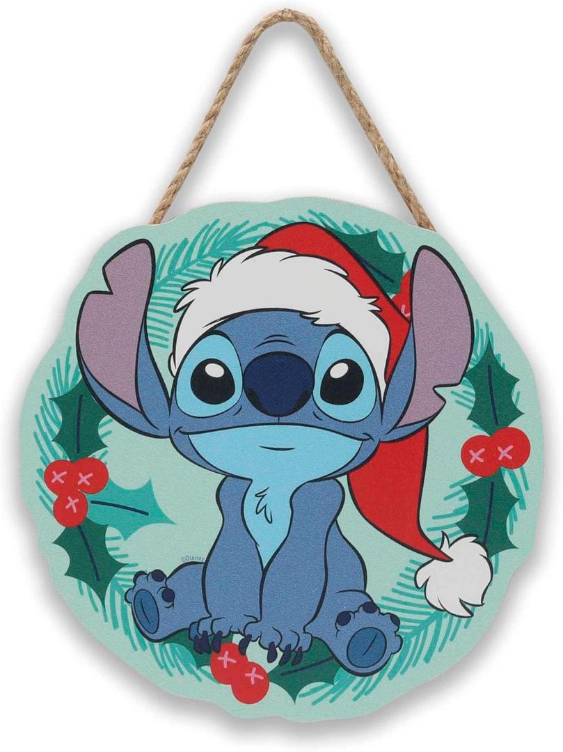Disney Lilo and Stitch Santa Hat Hanging Wood Wall Decor - Cute Stitch Christmas Wreath Sign for Holiday Decor (Blue)