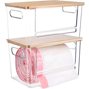 2 PCS Trash Bag Holder Dispenser Under Sink, Extra Large Garbage Bag Holder Organizer with Bamboo Top & Handles