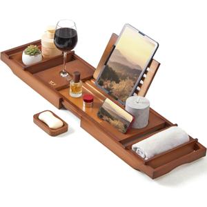 XcE Bamboo Bathtub Caddy Tray - Expandable to 41 Inches with Book Stand, Soap Holder & Anti-Slip Pads for Luxury Bath Spa, Brown