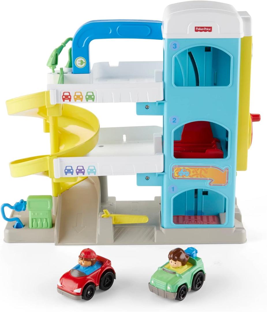 Fisher-Price Little People Toddler Toy Helpful Neighbors Garage Playset with Spiral Ramp & 2 Cars for Pretend Play Ages 18+ Months