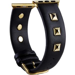 Golden Rivets Studs Leather Bands Compatible with Apple Watch Ultra SE Series 8 7 6 5 4 3 49mm 45mm 44mm 42mm 38mm 40mm 41mm, Jewelry Bracelet Wristband Replacement Strap for iWatch Bands