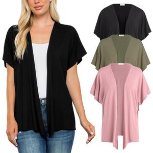 Free to Live 3 Pack Dolman Short Sleeve Cardigan for Women Lightweight Open Front Kimono Fall Sweaters Dressy Casual Cover Up (Black, Olive, Rose)