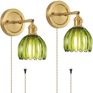 Plug in Vintage Wall Sconces Set of 2 Green Living Room Wall Lights with Tulip Glass Shade 180 Adjustable with Switch and 4.9FT Plug in Cord Art Fixtures Decor for Bathroom Hallway