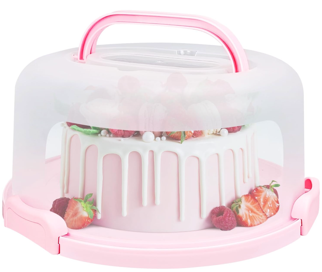 RTUDOPUYT Cake Carrier with Lid and Handle, Fit 10’’ Cake Stand with Lid, Cake Transport Storage Container, Cake Containers Cover Stand with Lids, 3 Secure Side Closures (Pink)