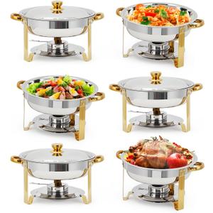 Garvee 6 Pack Chafing Dishes for Buffet, 5 QT Round Buffet Servers and Food Warmer Set with Lid, Stainless Steel Chafers for Catering Parties Wedding Banquet, Gold